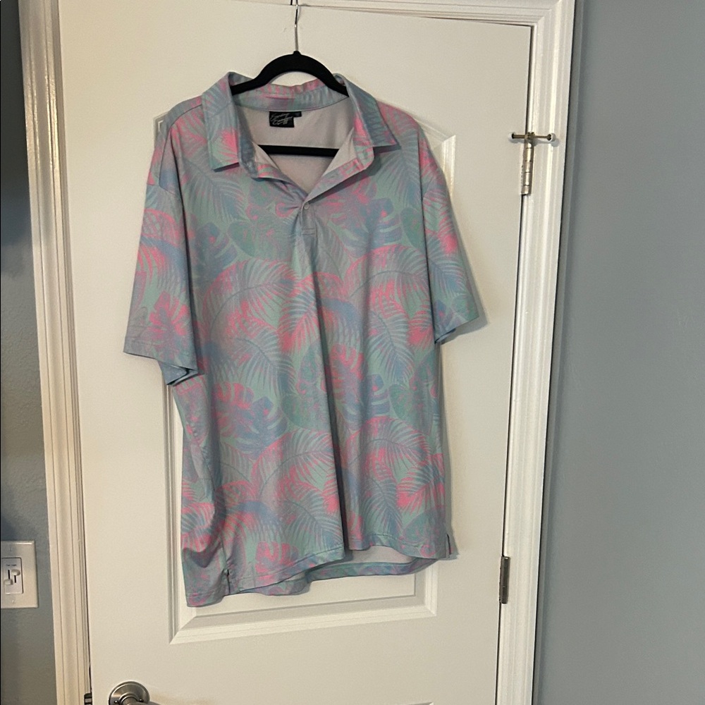 Sunday Swagger Men’s Polo Shirt – 2XL – Light Blue & Pink Tropical Print –